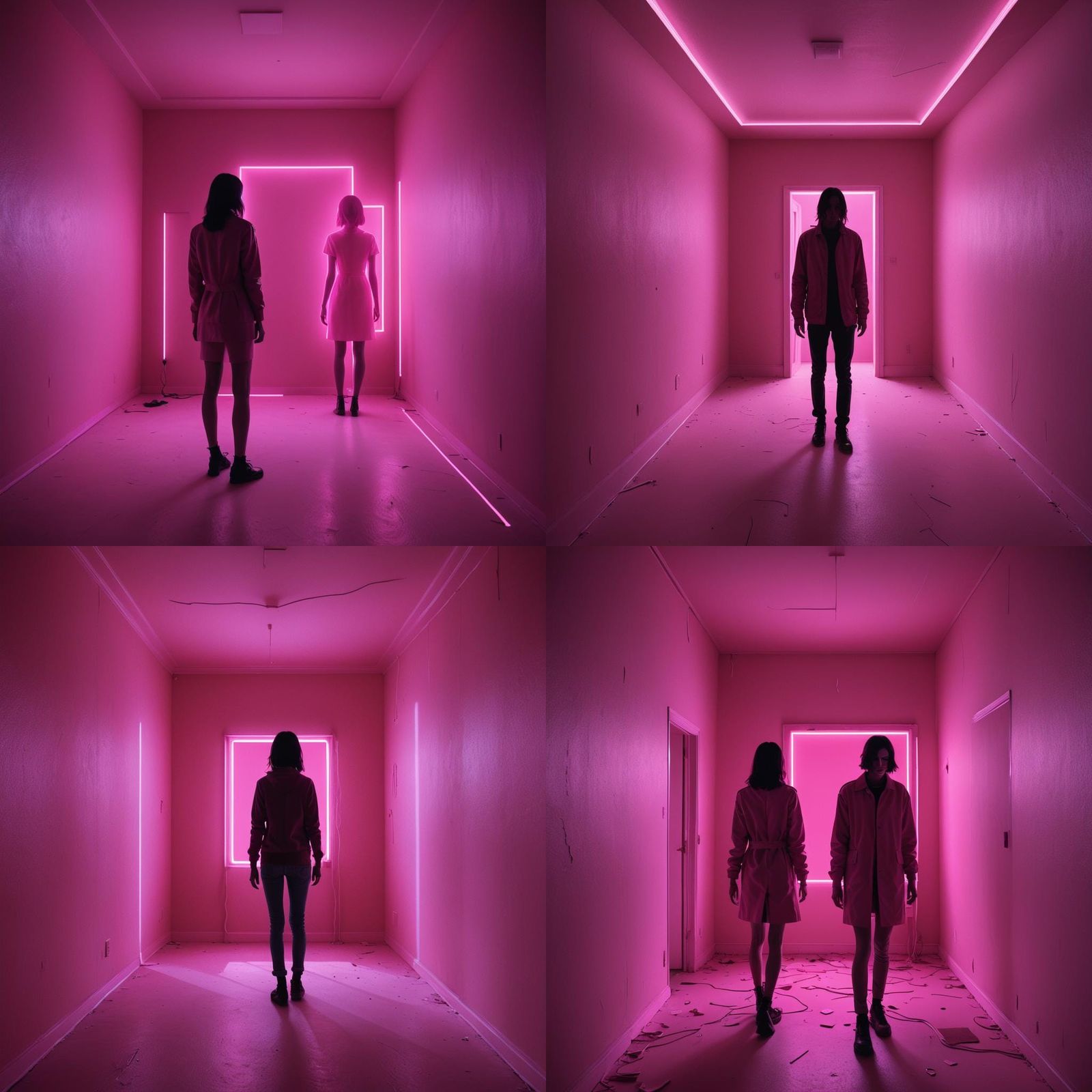 Glowing Neon Horror, dark pink room, slender silhoutte, vibr...