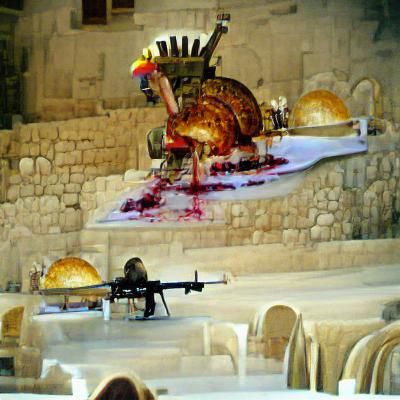 A turkey with a machine gun at the last supper beautiful