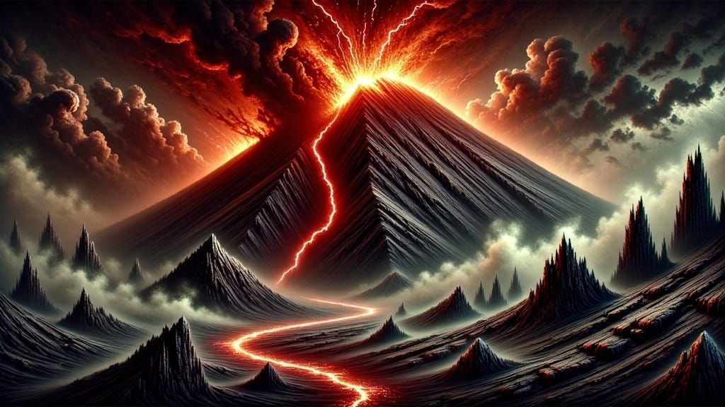 <lora:Dark Expressionism:1.5> An image of Mount Doom in Mordor, a haunting and unforgettable quality, very intricate, only color coming from...