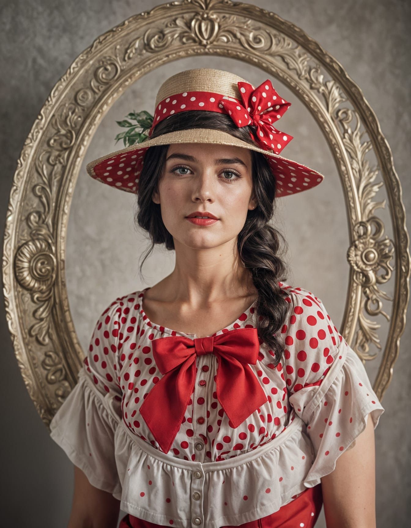 young woman aviatrix with pale skin black hair in a braid wi...