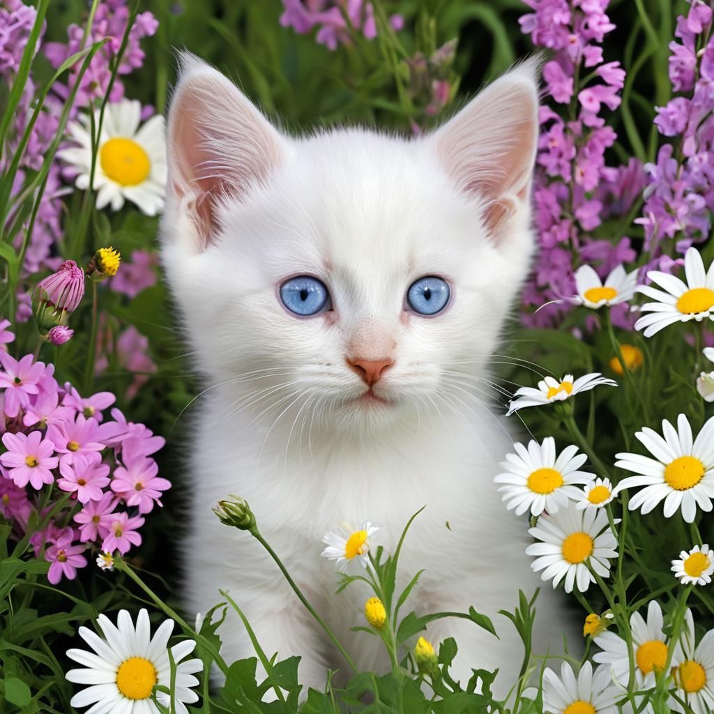 White kitten huge blue eyes half his face and one ear Black ...