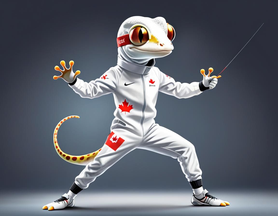 full body image of an anthropomorphic gecko in Canadian fencing gear, competing in fencing in the Olympics ...  by @Missysmom
