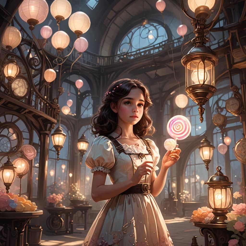 Girl with Lantern Lollipop in Dreamlike Steampunk Scene