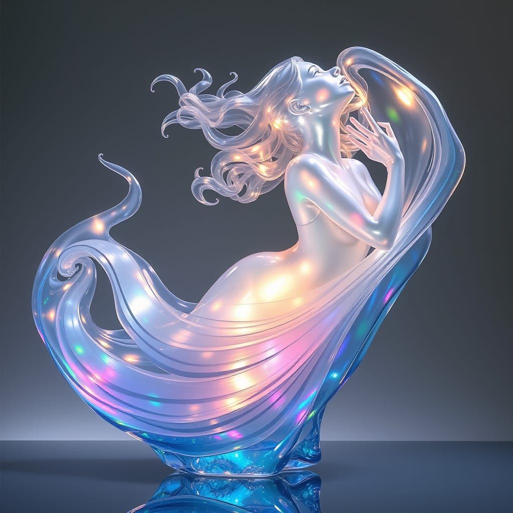 A sea glass sculpture, an ethereal girl in sculptural form seems to float, evoking sensations of movement ...  by @Curius Aplha