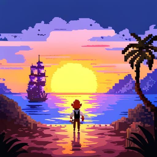 Pixelart: Guybrush Treepwood of monkey Island 2 watching a beautiful ...