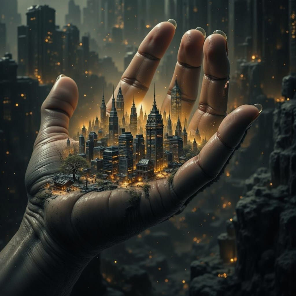 A large hand cradling a metropolis.  by @sunshine33