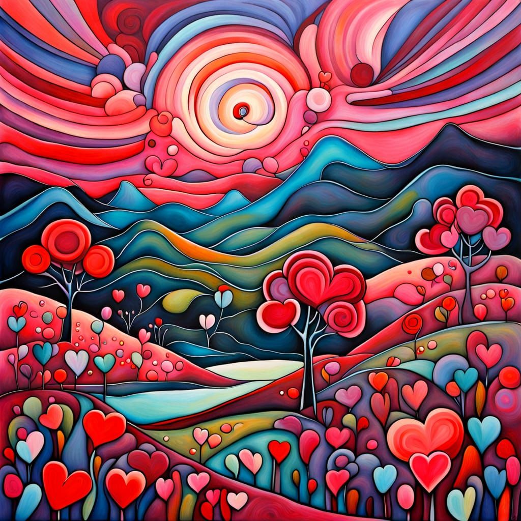 Whimsical Valentine Landscape in Crepuscule Acrylic Style