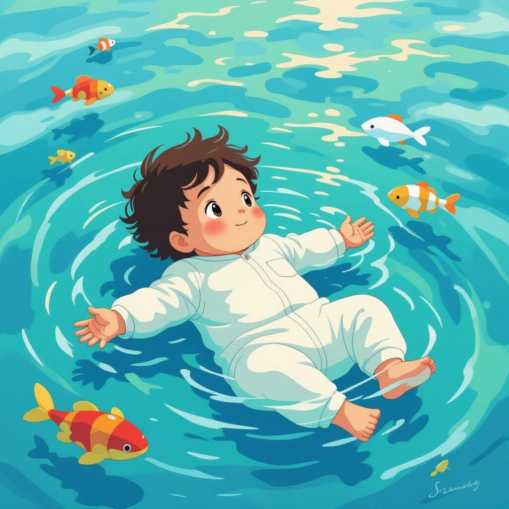 Baby Floating in Ocean: Miyazaki-Inspired Impressionism