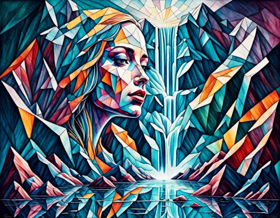 <lora:Cubist Abstractions:1.0> Cracked glass face of Waterfall and mountains double exposure by cubism 