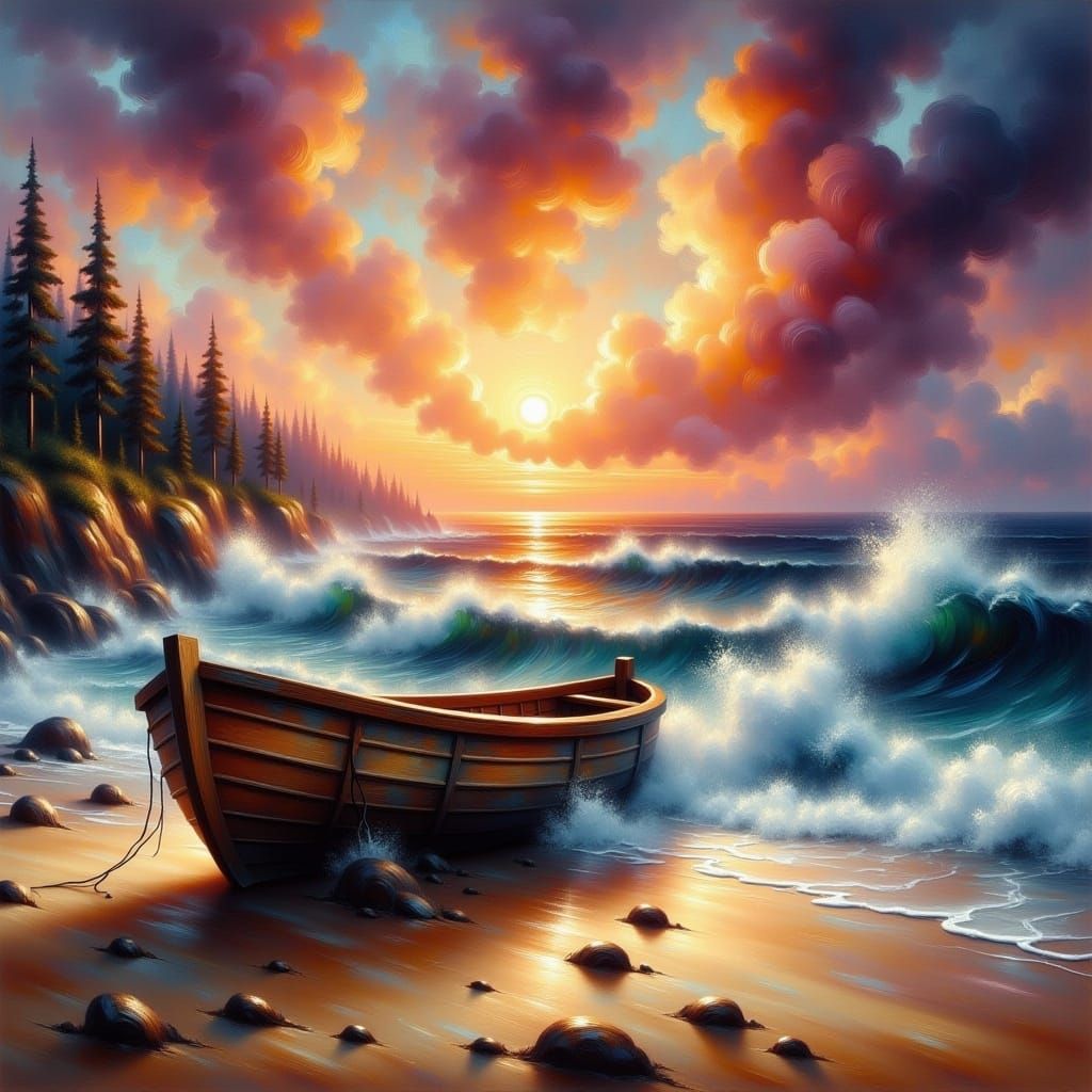 <lora:Oilpaint:1.0> sunset-lit coastline with beach,  a boat, waves, and a turbulent sky