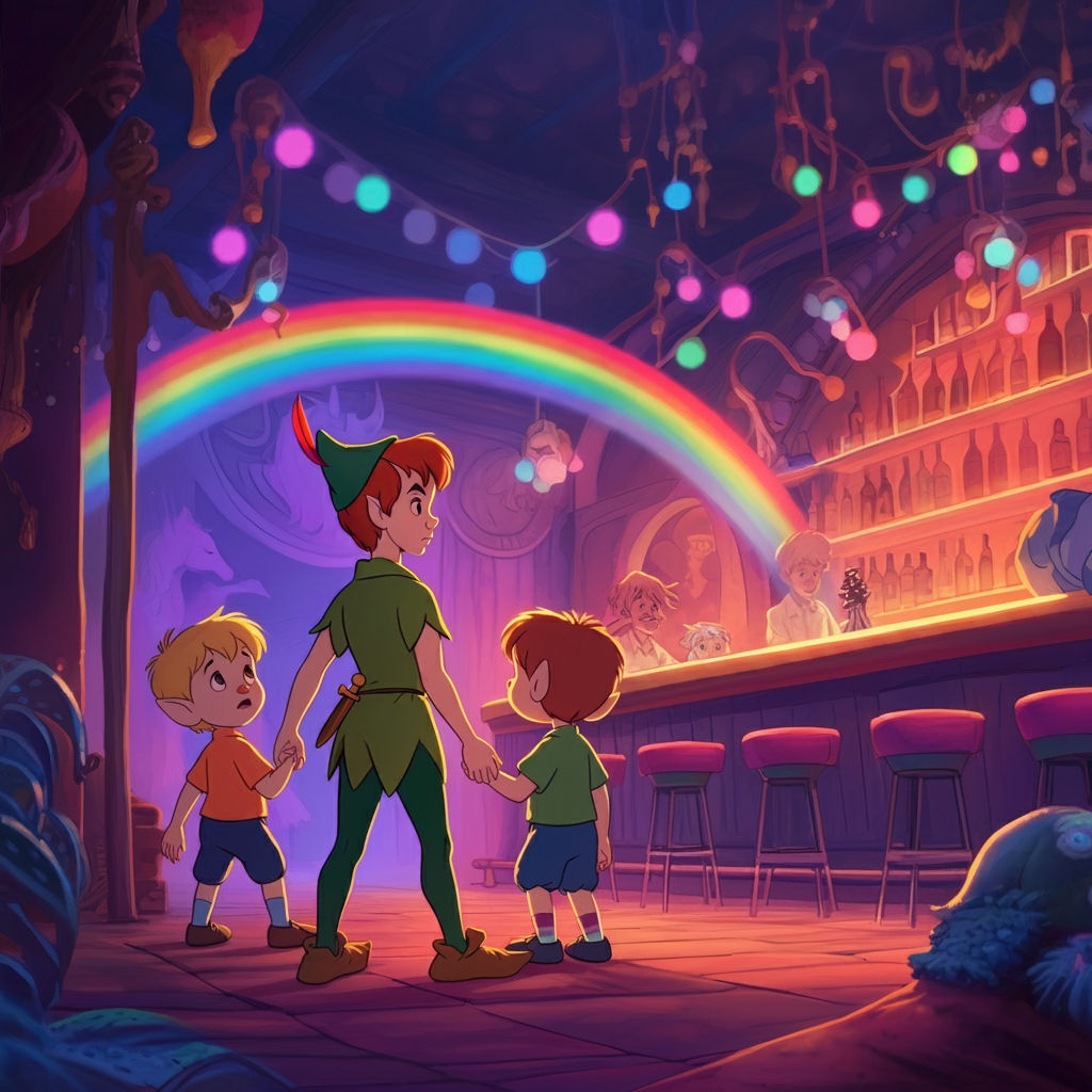 peter pan taking the lost boys to a unicorn gay bar