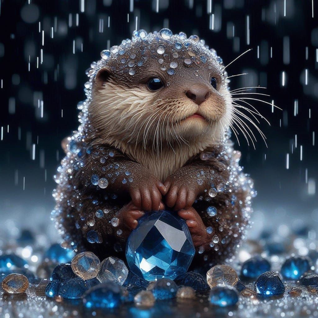 Microphotograph Portrait: tiny newborn obese baby Otter composed of Sparkling Sapphires and Diamonds; in raining midnight sapphire Moonlight...