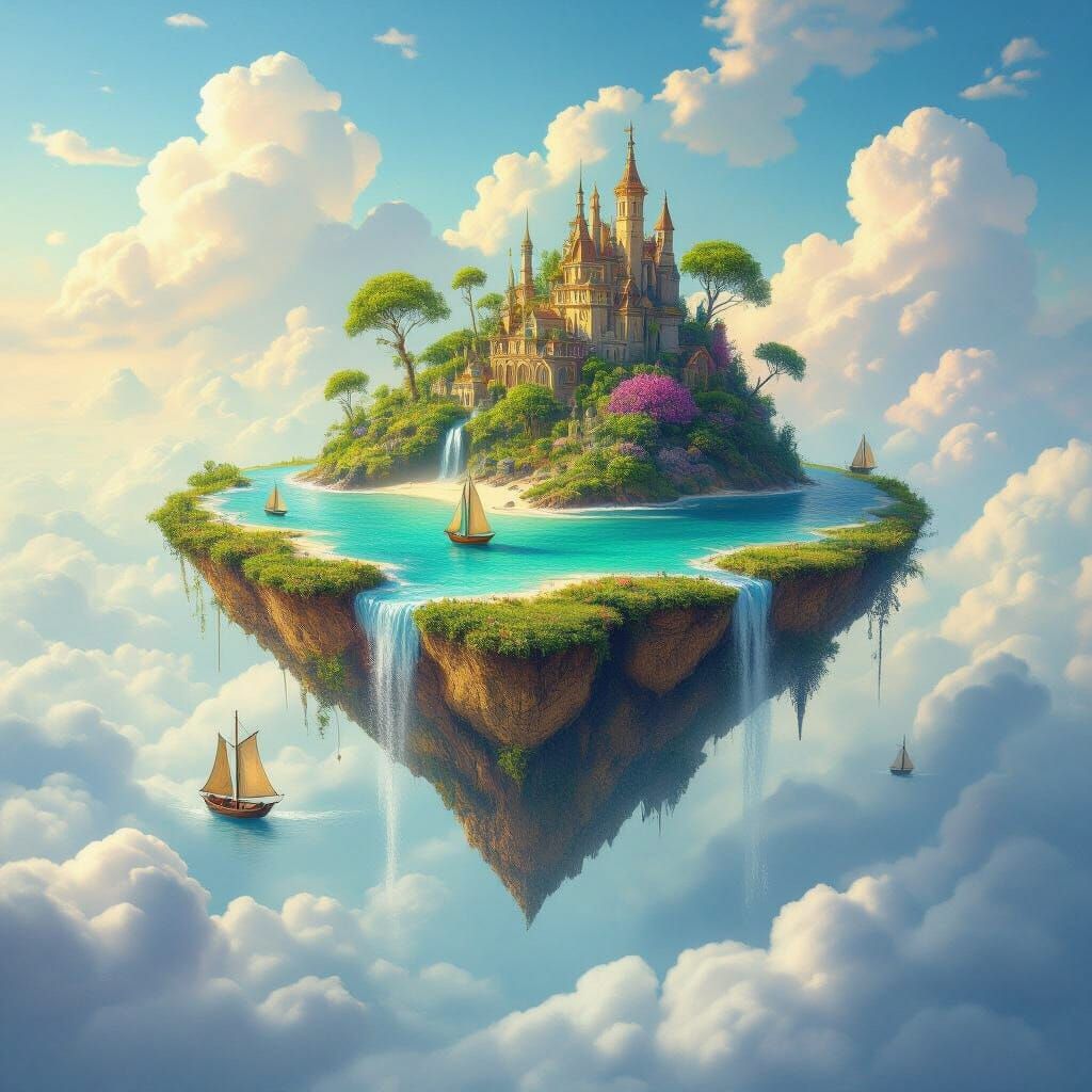 Surreal Floating Island with Alien Flora and Ocean Clouds