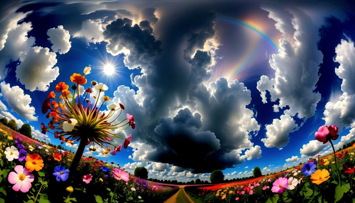Billowing clouds dominate and fill the sky in this 360-degre...