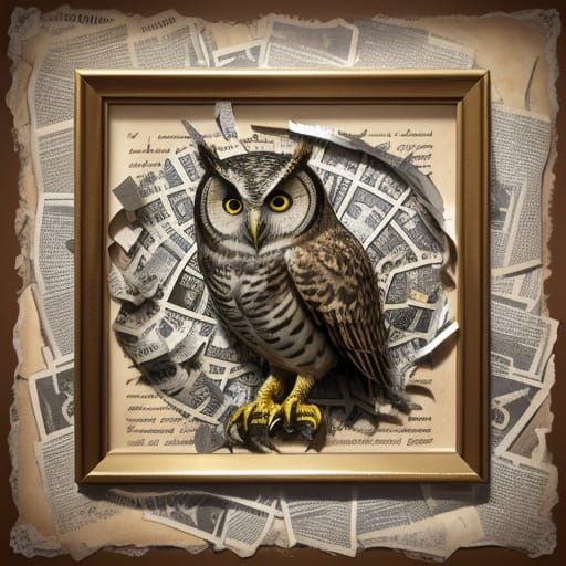 Surreal Newspaper Owl in Dali Style