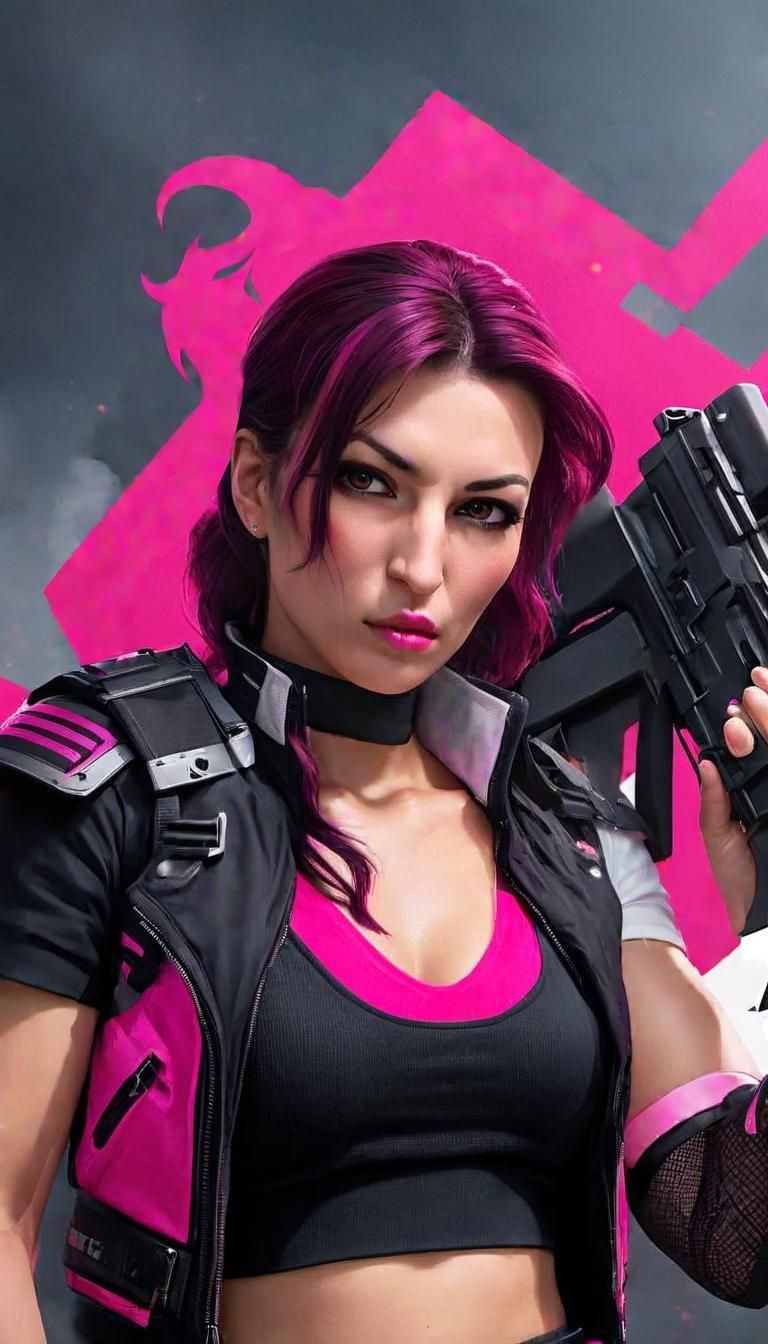 A fierce and confident character inspired by Free Fire's Caroline, wearing a stunning outfit that combines hot pink and ...