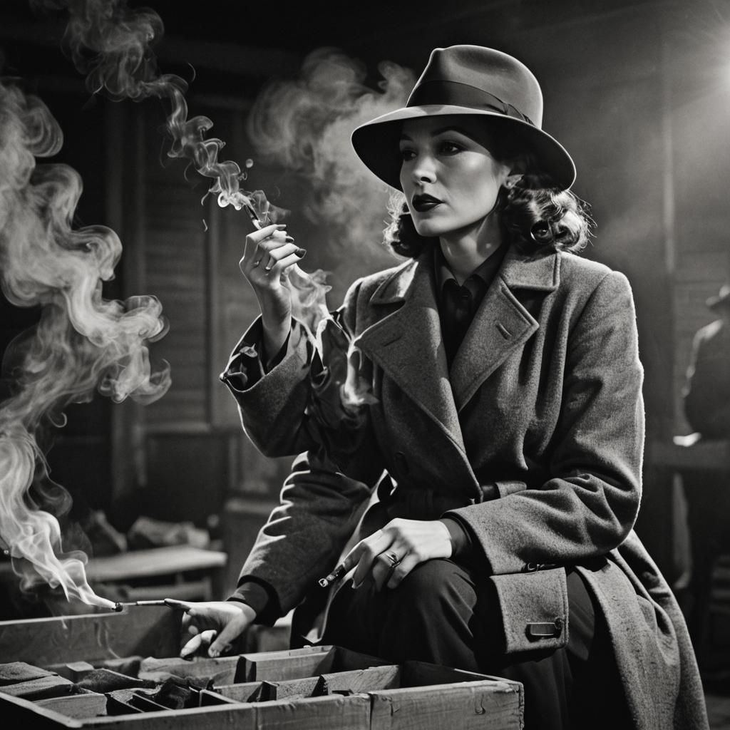 A pretty lady sitting on a crate of TNT smoking a cigarette 