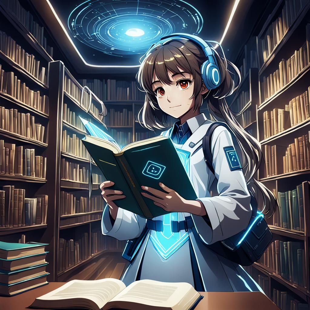 book library host by ai hologram