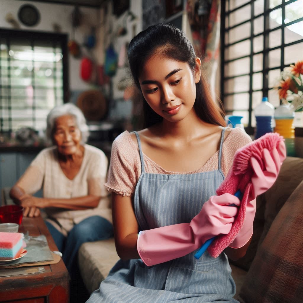 A Filipino domestic worker cleans the living room of her poo...