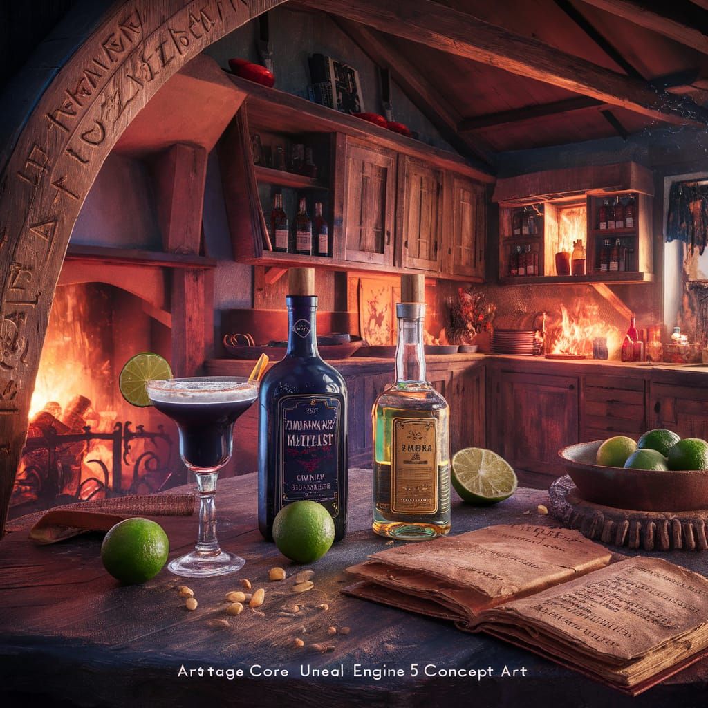 Practical Magic vibe, midnight margaritas, tequila, limes, spell book, cottage core kitchen