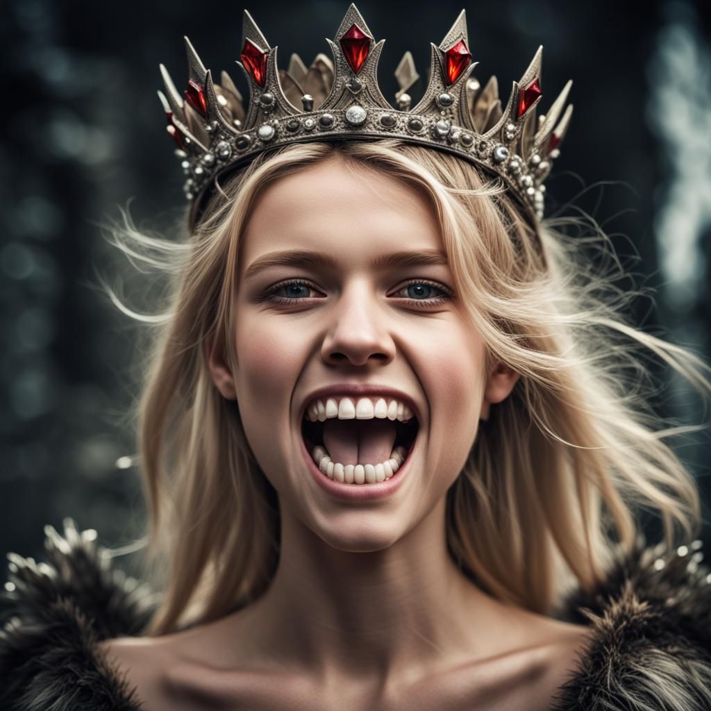 Blonde girl, sharp jagged teeth, wearing a crown - AI Generated Artwork ...