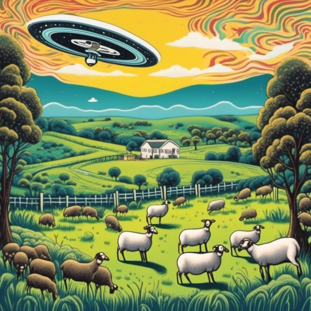 <lora: CrazyTown :1.0> UFO hovering over a sheep farm 