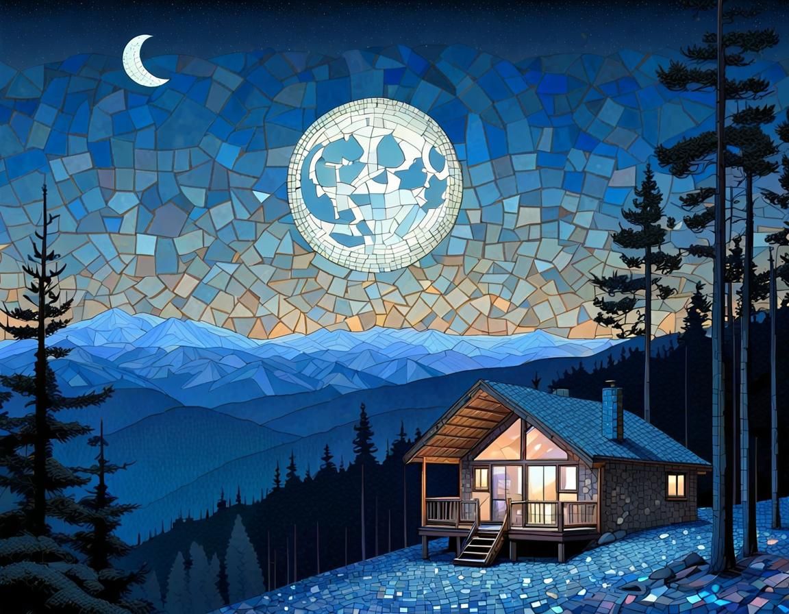 Night time, (mosaic sky:1.5) in shades of pearl blue, (visib...
