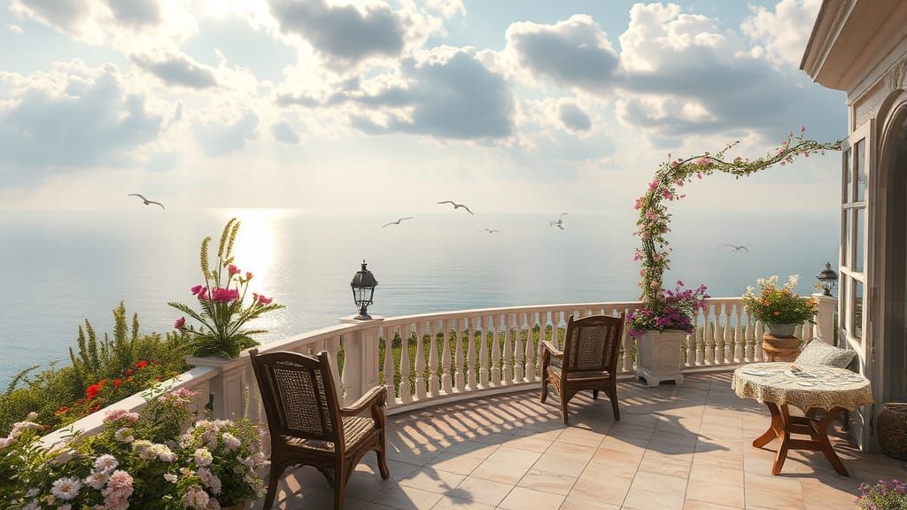 Ethereal Mediterranean Terrace in Misty Fantasy Style