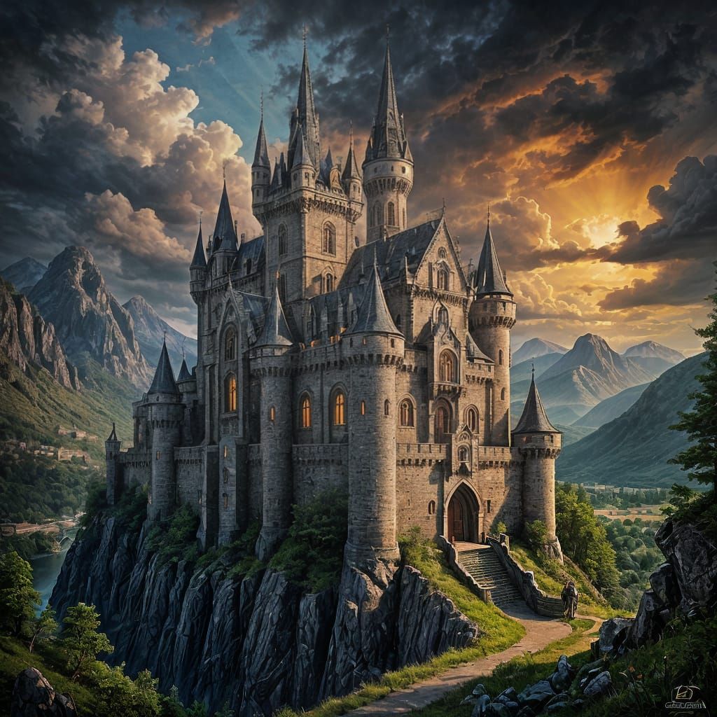 Majestic Gothic Castle at Sunset: Oil Painting