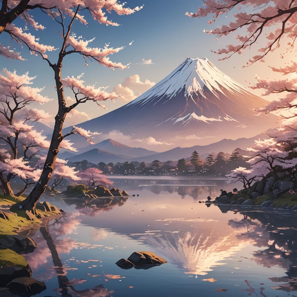 Mount Fuji sunrise, natural colours, dynamic lighting 