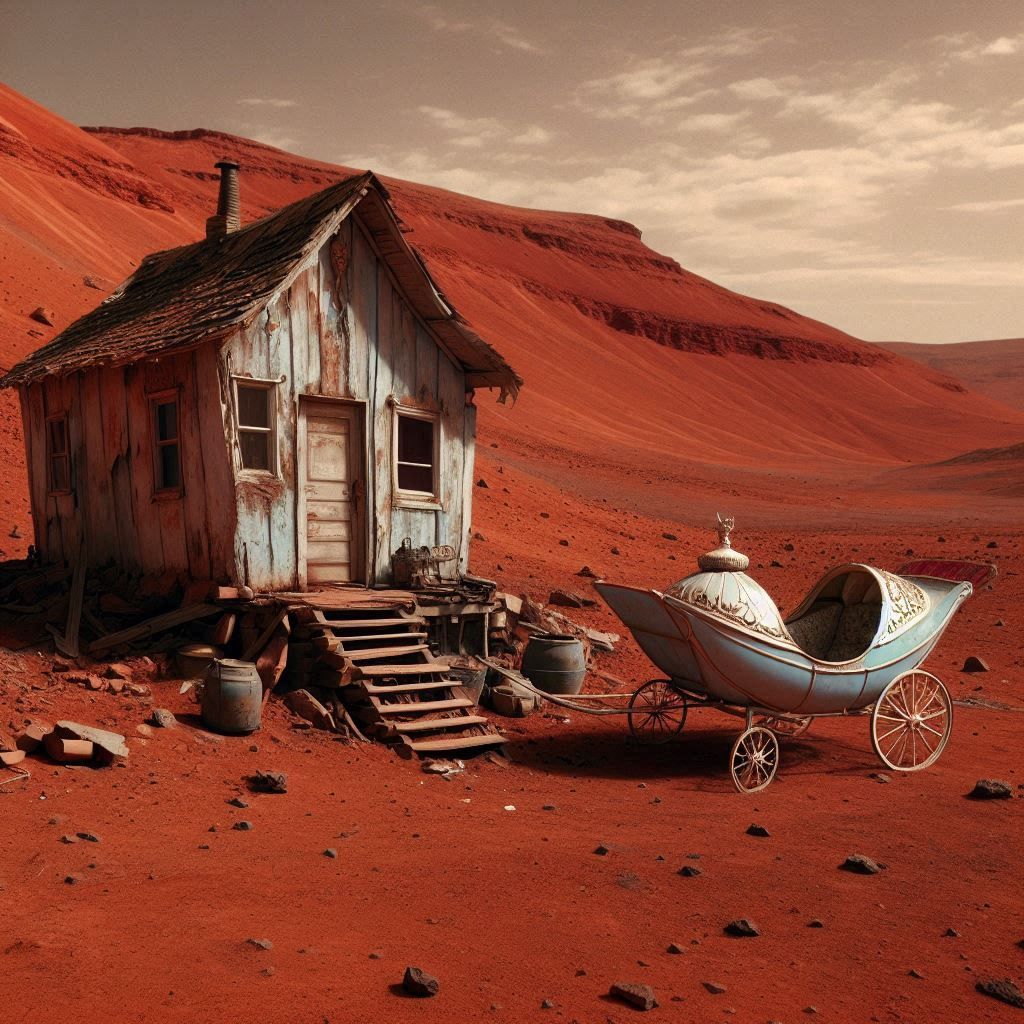 Cinderella's carriage parked outside a rundown shack of a ho...