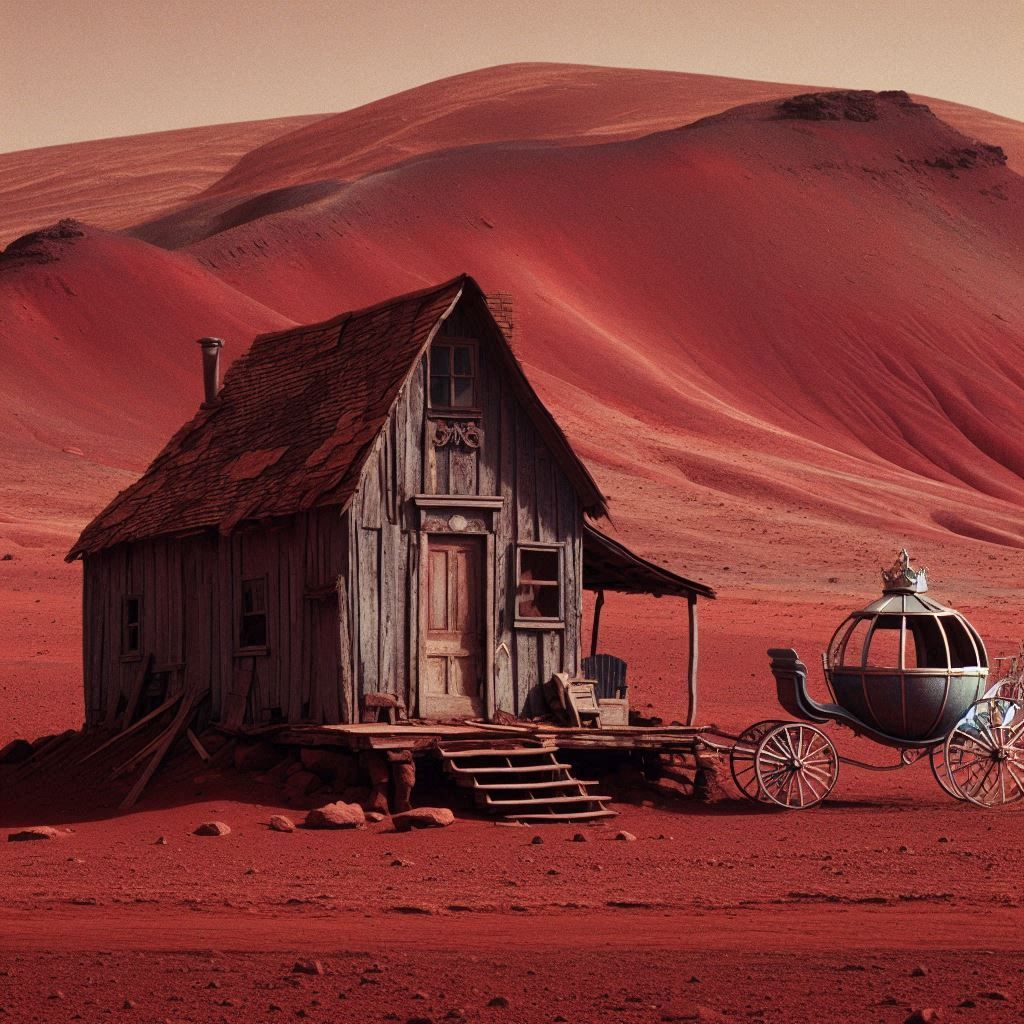 Cinderella's carriage parked outside a rundown shack of a ho...