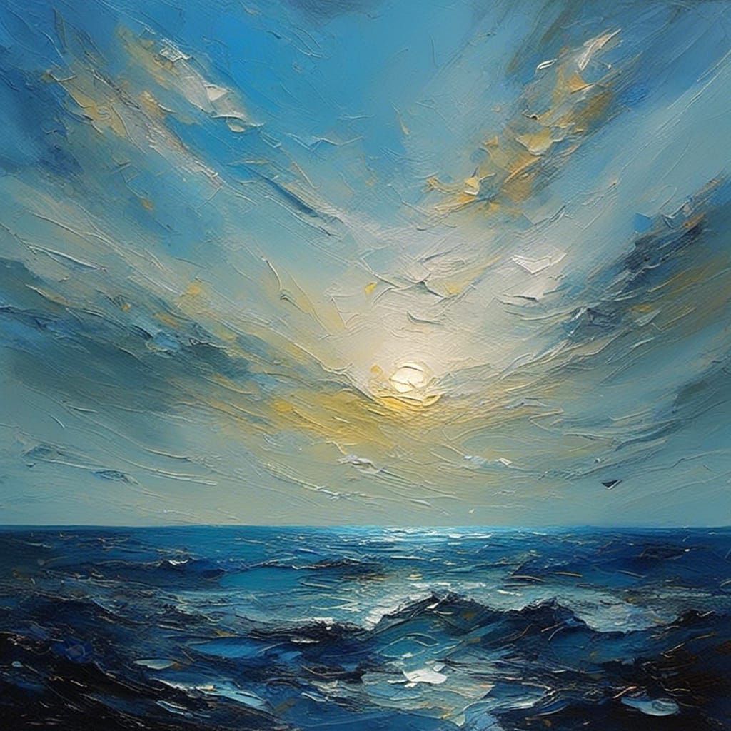<lora:Impasto1:1.0> (dawn_in_the_sea_blue_sky:1.5,blue_sea:1...