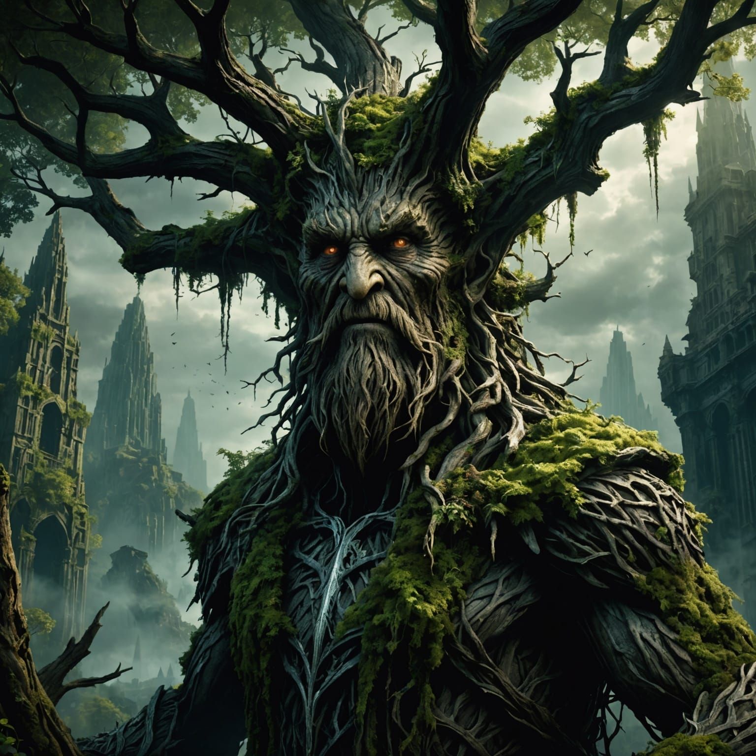 Treebeard, towering, Orthanc, digital painting, hyper-realistic, fantasy, surrealist, cinematic lighting, dark atmosphere, 16k UHD, stunning...