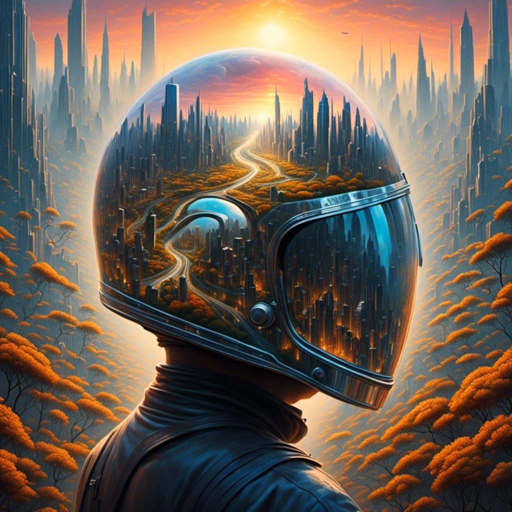 <lora:Helmets:1.0> 1960s album cover titled helmet with city inside double exposure sunset fields and space skies 