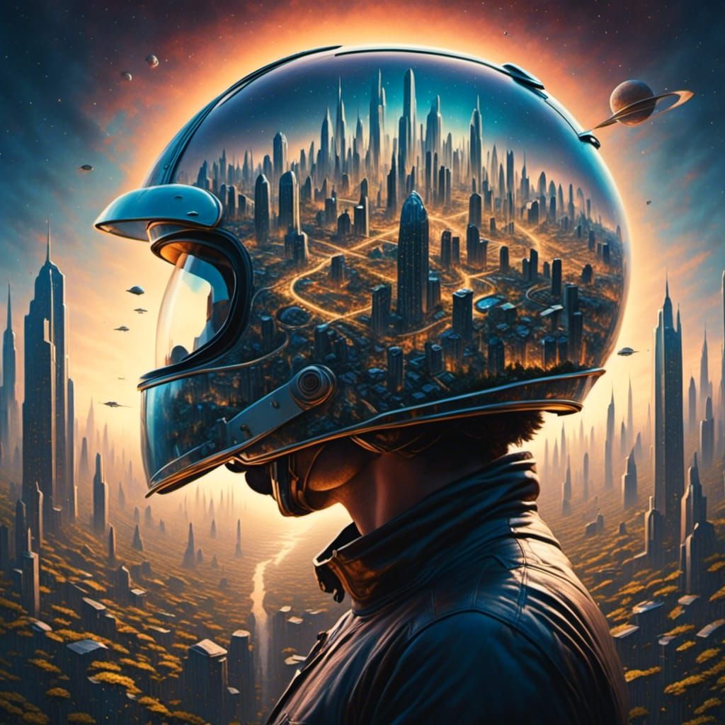 <lora:Helmets:1.0> 1960s album cover titled helmet with city inside double exposure sunset fields and space skies 