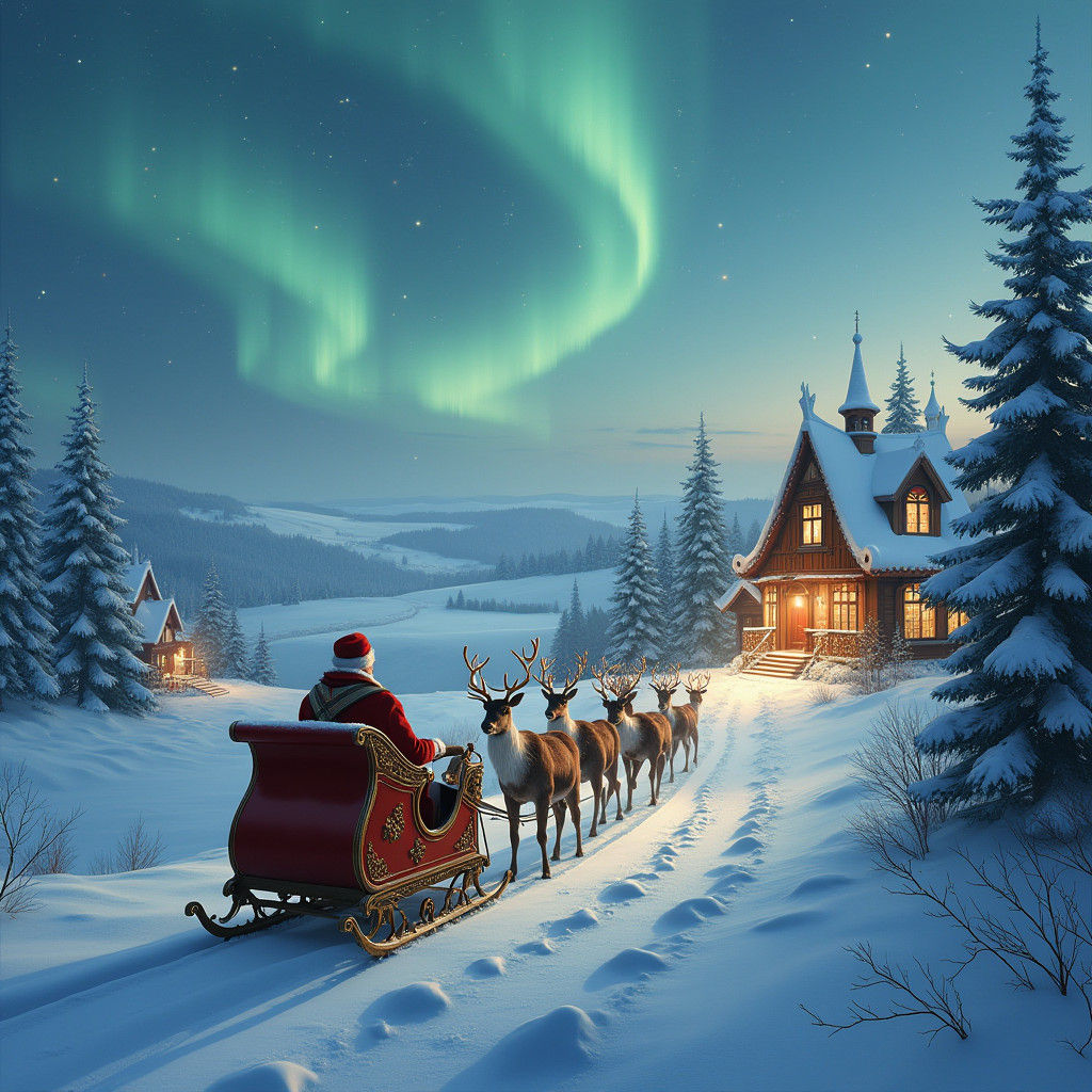 Aurora Borealis Sleigh Ride in Winter Landscape