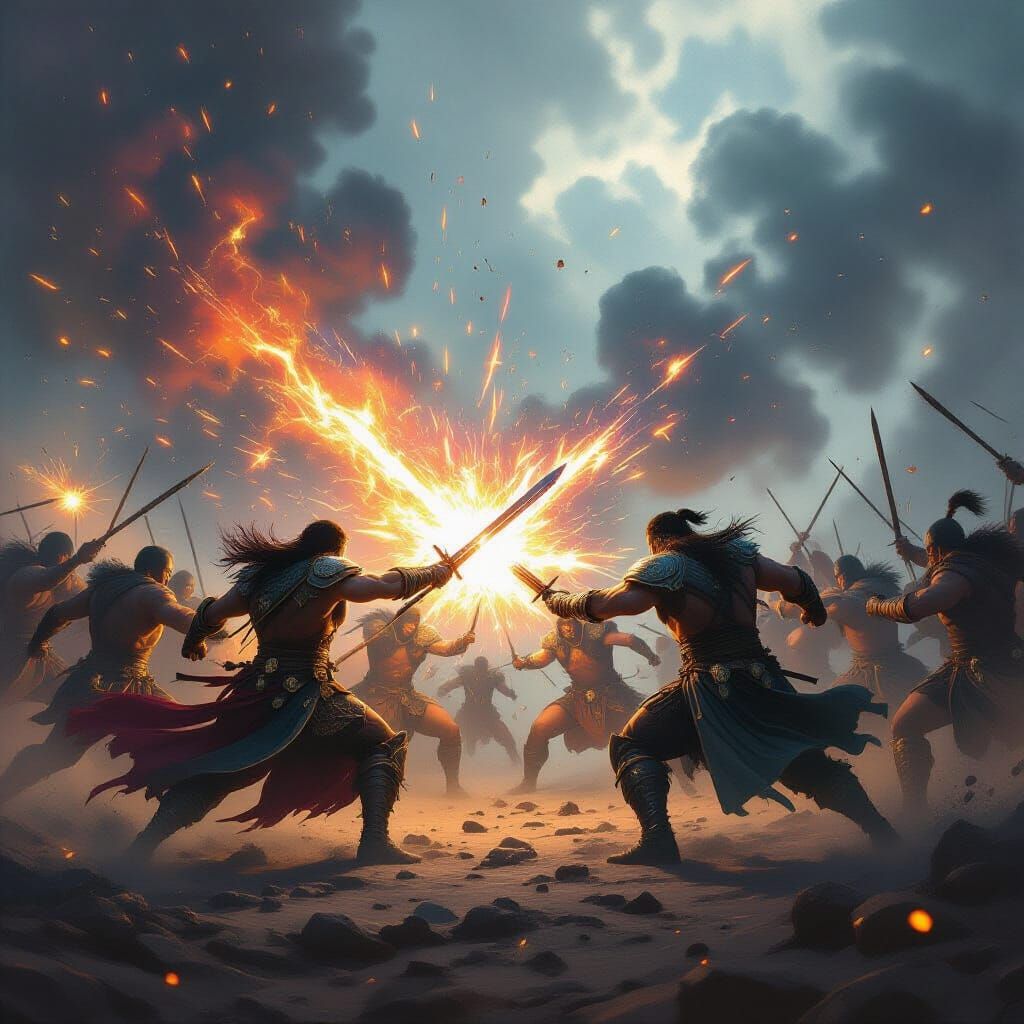 Chaotic Battlefield with Glowing Energy Bursts