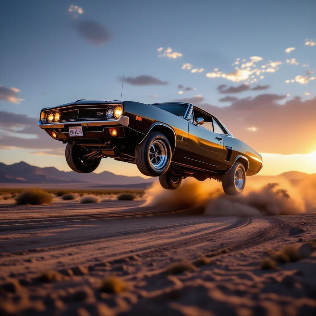 A powerful classic American muscle car, like a modified Dodge Charger or Ford Mustang, is captured mid-air immediately after launching off a...