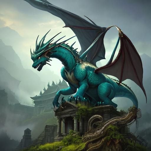 Dragon Perched Atop Mystical Temple in Digital Painting Styl...