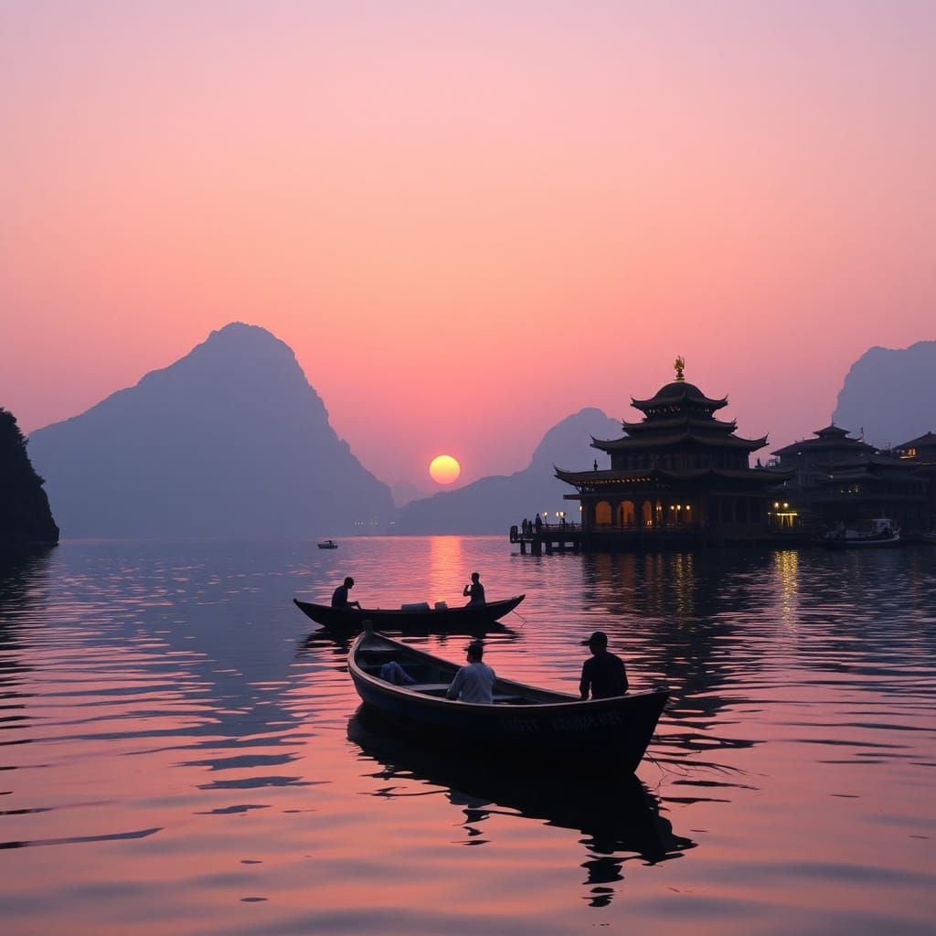 Serene River Landscape at Dusk with Distant City