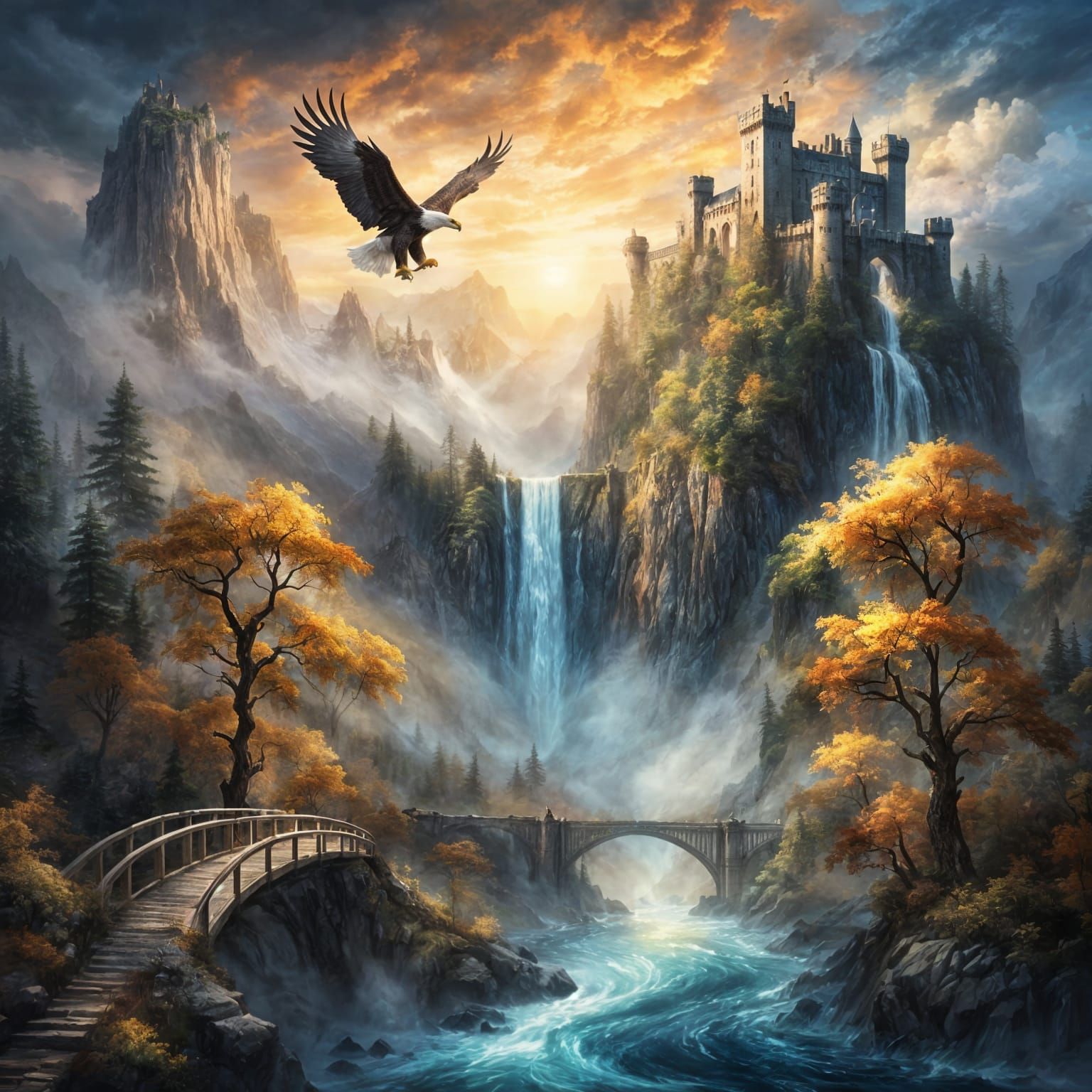A highly detailed fantasy painting of a night landscape. Dramatic. A majestic eagle flies over a majestic castle perched on a cliff and a ma...