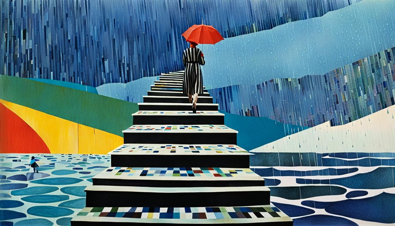 Pacific Ocean surreal collage, woman on stairs rain Sonia Delaunay Raimonds Staprans cinematic.