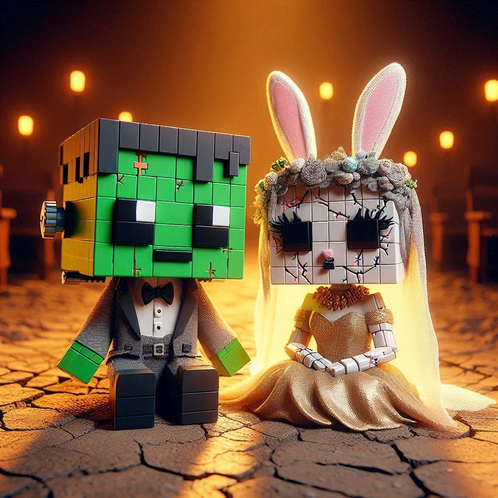 monster and the bunny bride watchin' minecraft movie in minecraft theater