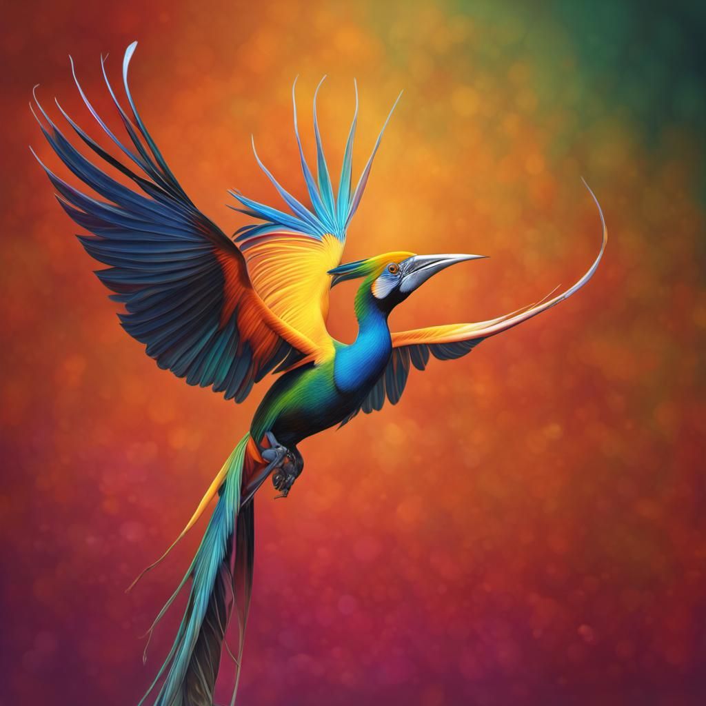 Bird of Paradise doing a mating dance. Enigmatic. Hyperdetailed. Hyper