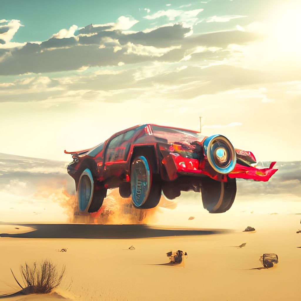 a flying red car with knives on the wheels in the desert wit...