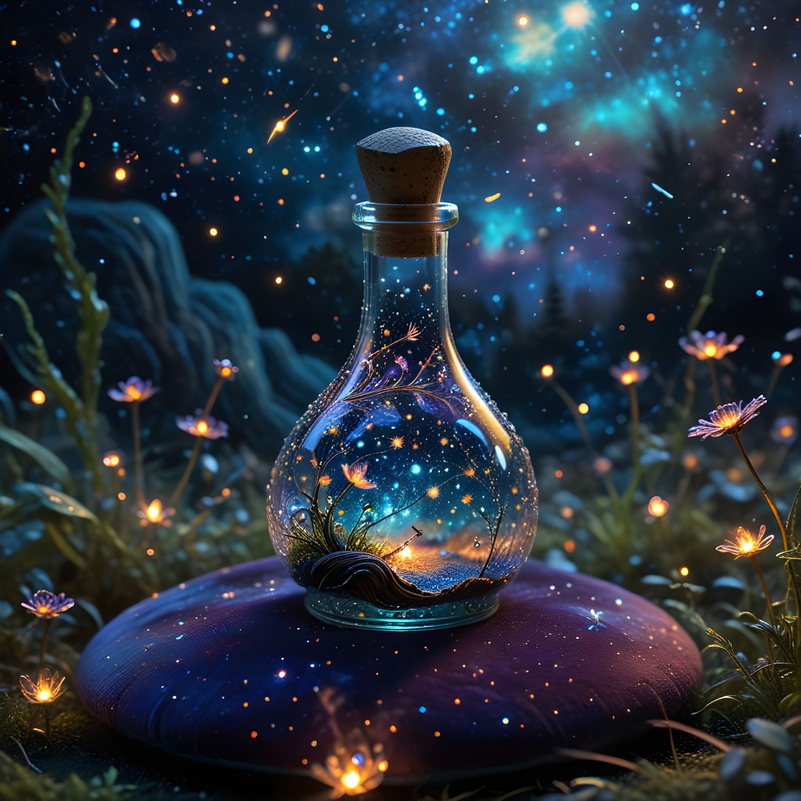 A whimsical glass bottle containing a miniature galaxy, complete with swirling nebulas and glittering ...  by @Plantsonthehat 