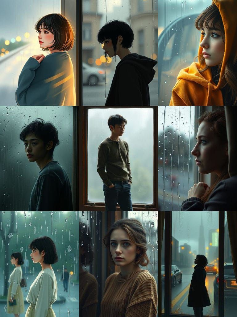A person gazing out a rainy window, their reflection showing a hint of wistfulness that's hard to put into words
