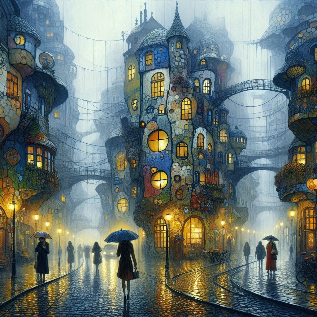 City in the rain and mist