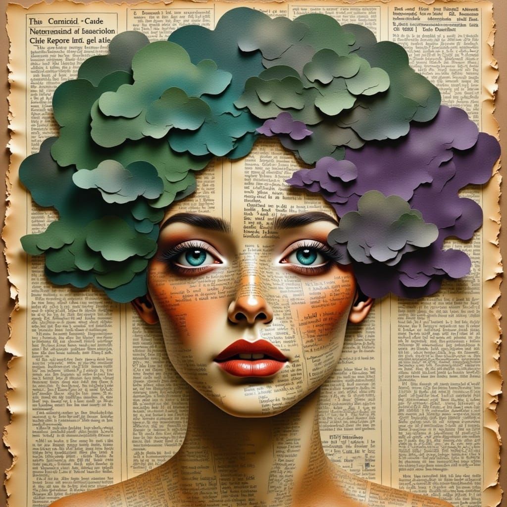 <lora:Mixed Media blending:1.0>An illustration of a gorgeous lady with blue eyes is made entirely of blended vintage newspaper texture with...